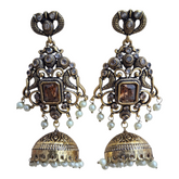 Antique Gold-Plated Peacock Jhumka Earrings with Stones and Pearl Droplets
