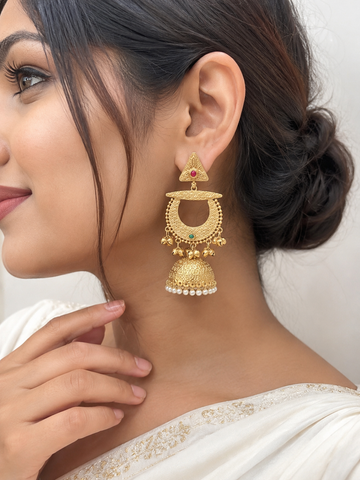 Traditional Gold-Tone Jhumka Earrings with Pearl Drop | Premium Ethnic Earrings for Women