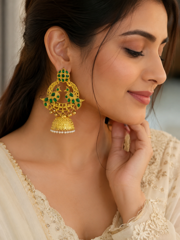 Peacock Design Green Stone Gold-Plated Jhumka Earrings for Women | Traditional Party & Wedding Wear