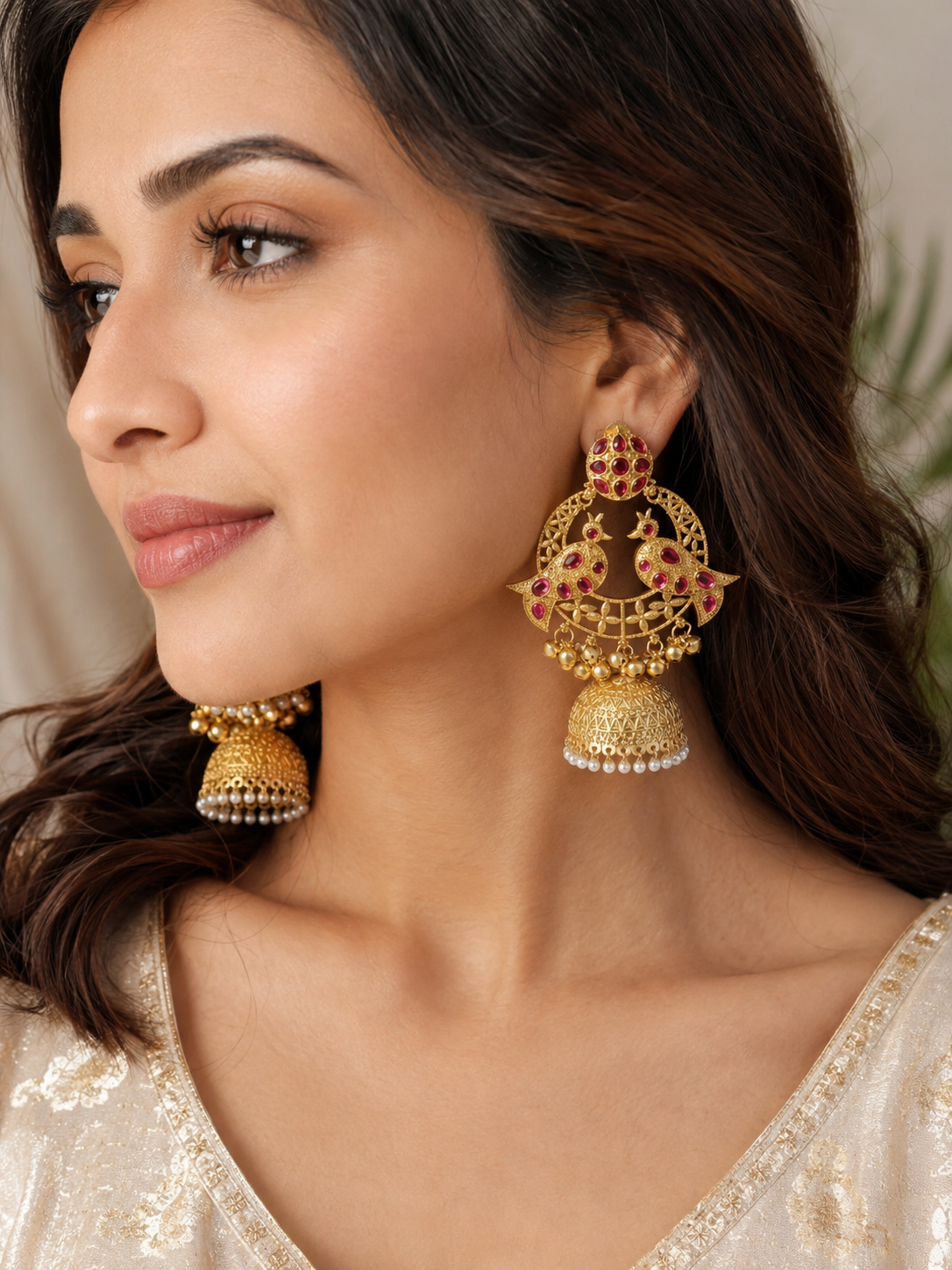Peacock Ruby Jhumka Earrings – Premium Traditional Gold Finish with Pearl Drops