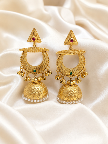 Traditional Gold-Tone Jhumka Earrings with Pearl Drop | Premium Ethnic Earrings for Women