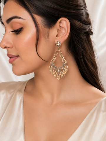 Champagne Crystal Statement Chandbali Earrings | Premium Ethnic Party Wear Earrings
