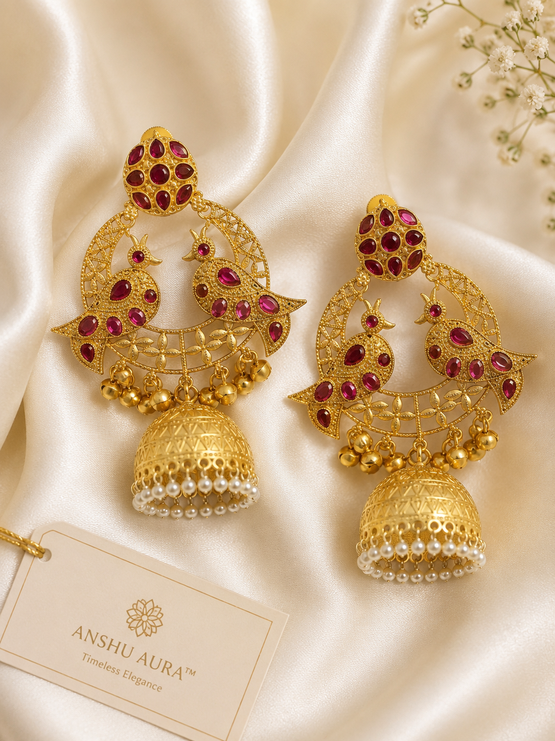 Peacock Ruby Jhumka Earrings – Premium Traditional Gold Finish with Pearl Drops