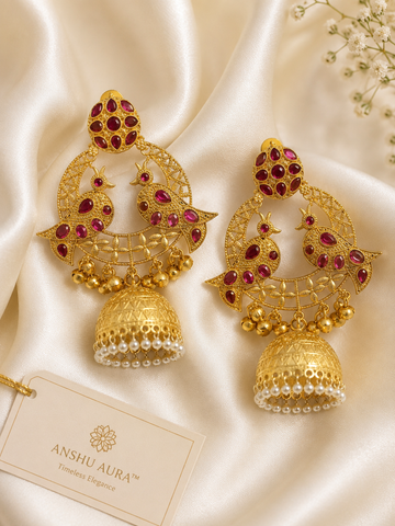 Peacock Ruby Jhumka Earrings – Premium Traditional Gold Finish with Pearl Drops