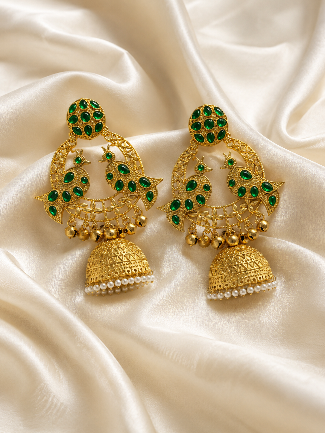 Peacock Design Green Stone Gold-Plated Jhumka Earrings for Women | Traditional Party & Wedding Wear