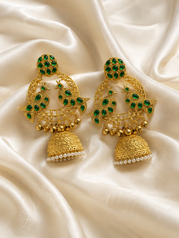 Peacock Design Green Stone Gold-Plated Jhumka Earrings for Women | Traditional Party & Wedding Wear