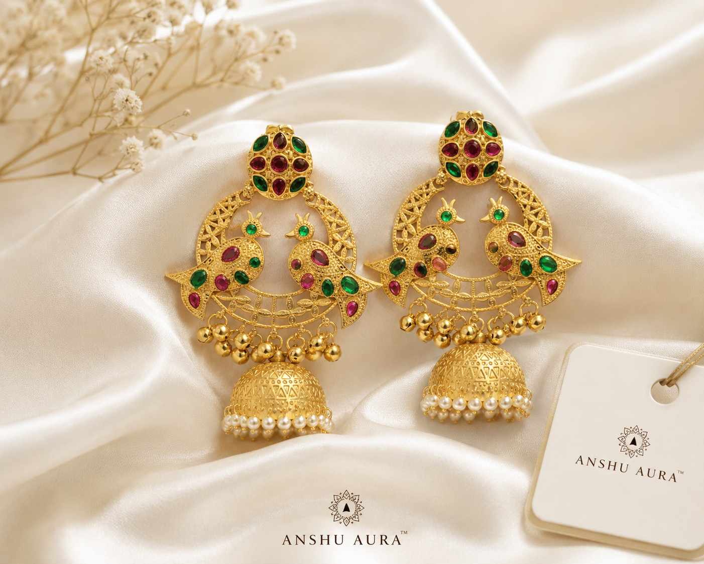 ANSHU AURA™ Peacock Heritage Jhumka Earrings – Premium Gold Finish with Ruby Green Stones & Pearl Dome