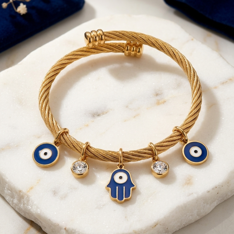 Blue Hamsa & Evil Eye Charm Bangle