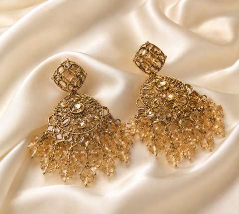 Champagne Crystal Kundan Chandbali Earrings – Premium Gold-Tone Party & Wedding Jewellery