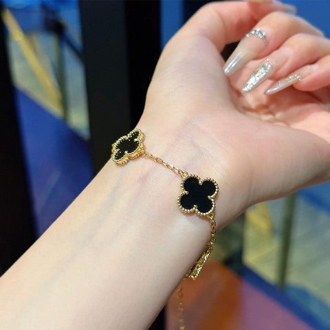 Onyx Clover Leaf 18K Gold Plated Bracelet