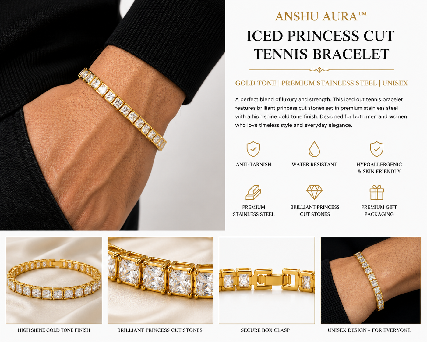 Gold Tone Princess Cut Tennis Bracelet | Premium Stainless Steel | Unisex