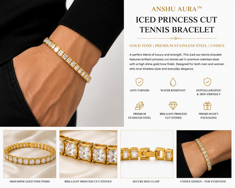 Gold Tone Princess Cut Tennis Bracelet | Premium Stainless Steel | Unisex