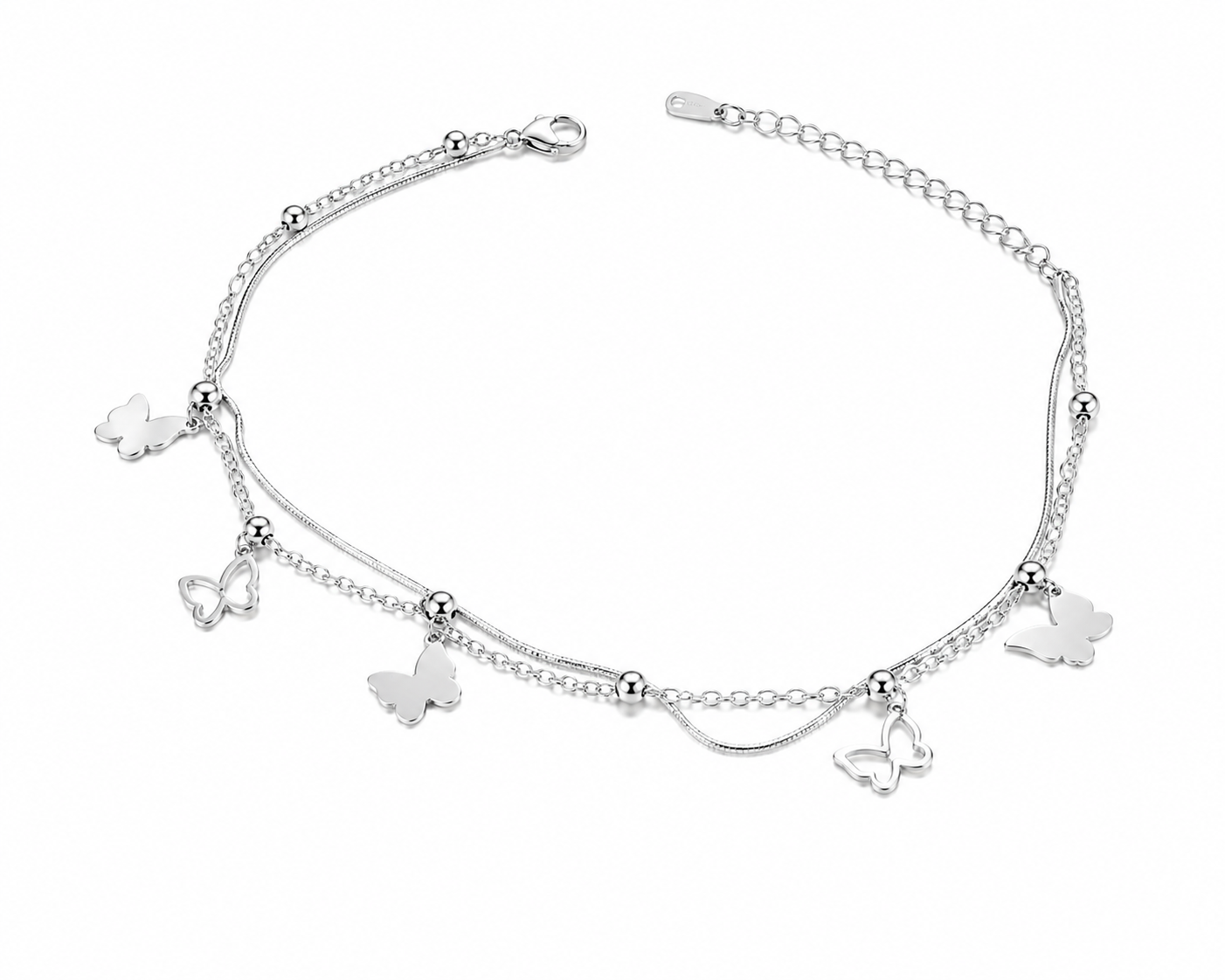 Butterfly Charm Silver Anklet – Elegant Layered Design