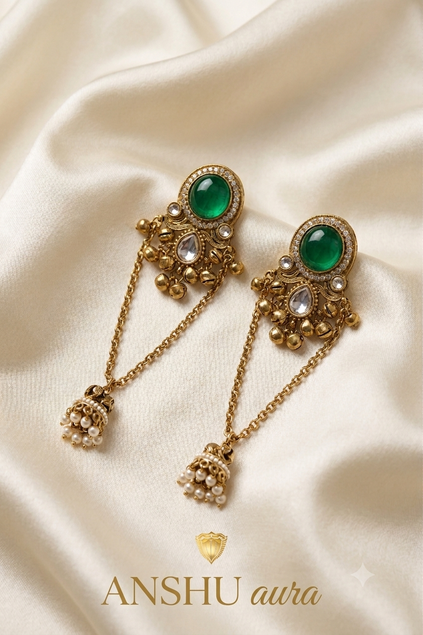 Elegant Emerald & Pearl Drop Jhumka Earrings