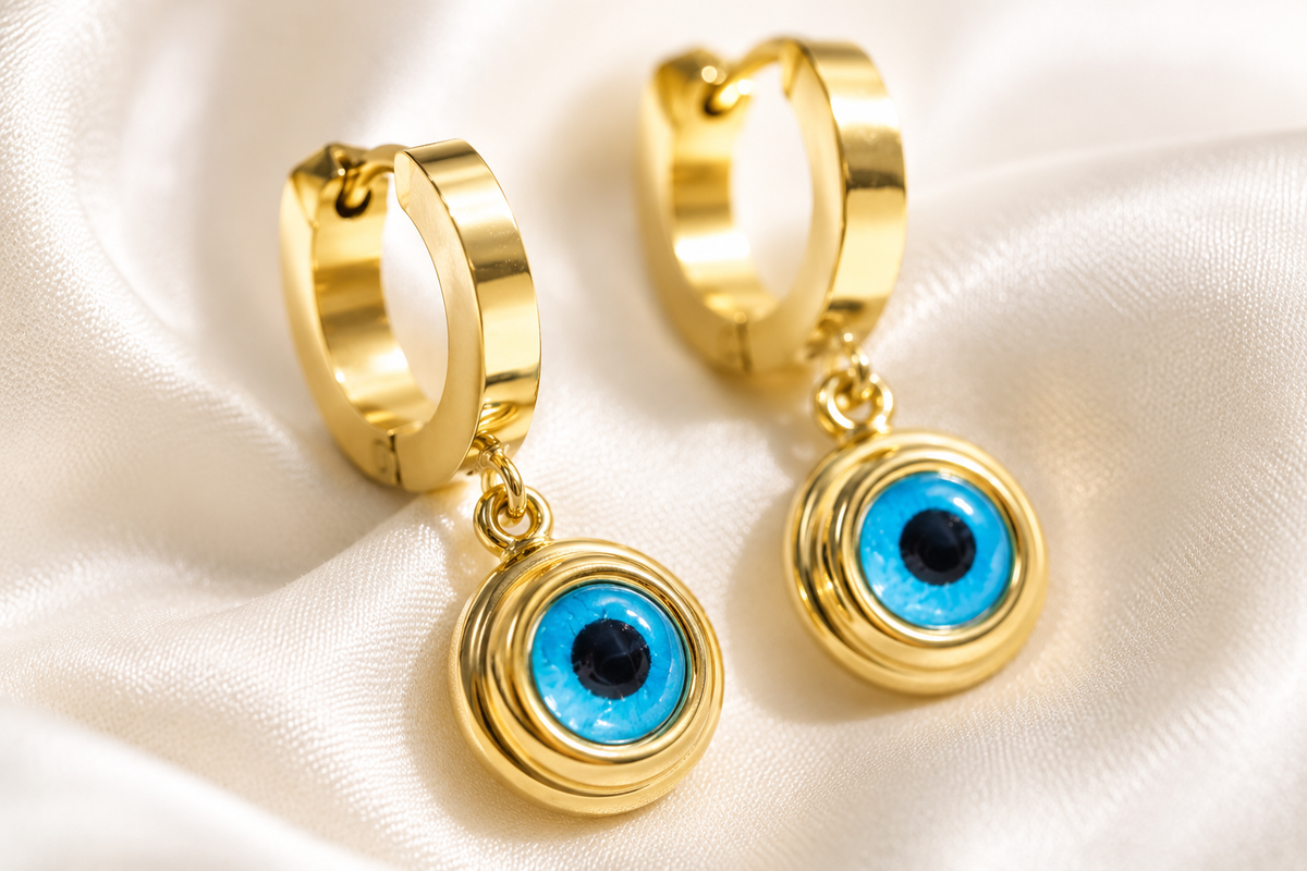 Blue Evil Eye Gold-Tone Huggie Earrings