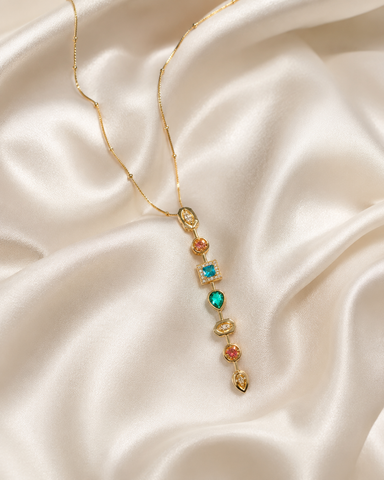Multi-Color Gemstone Vertical Drop Pendant Necklace