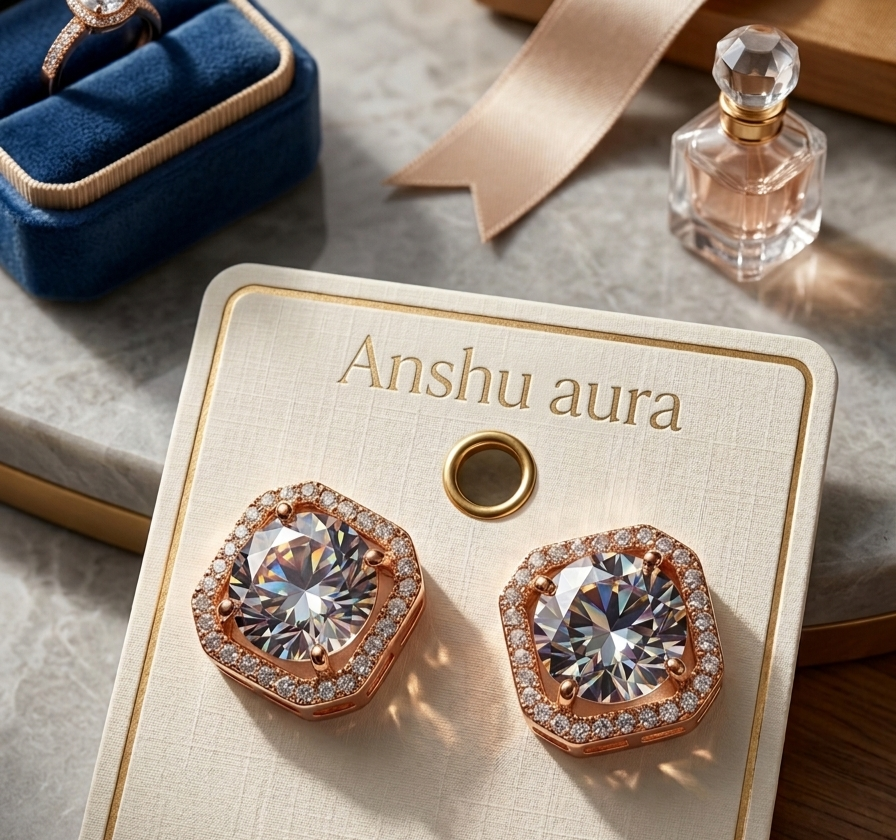 Anshu Aura – Rose Gold Glamour: Square Halo Solitaire Stud Earrings