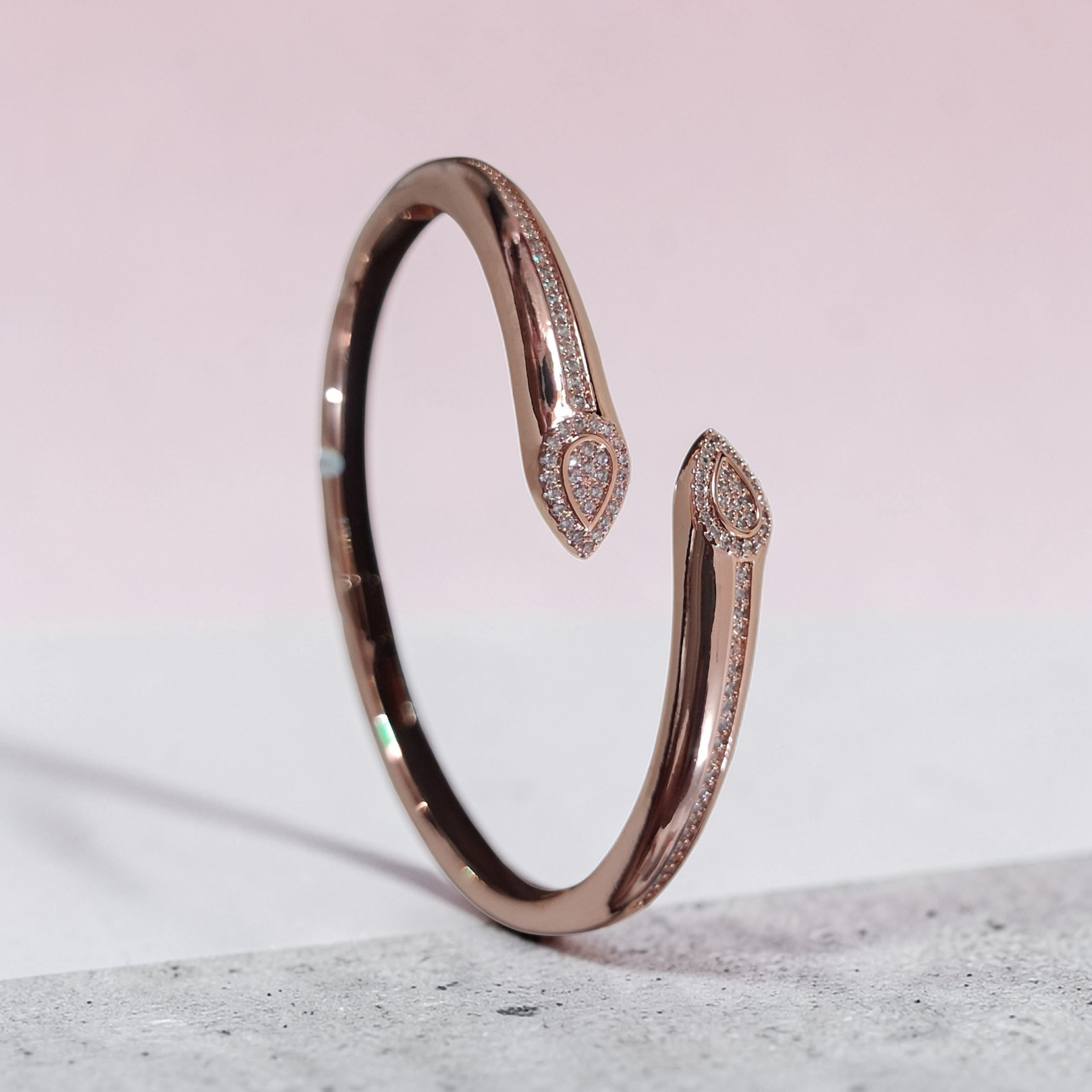 Rose Gold Serpent-Style Open Bypass Bangle with Diamond Accents