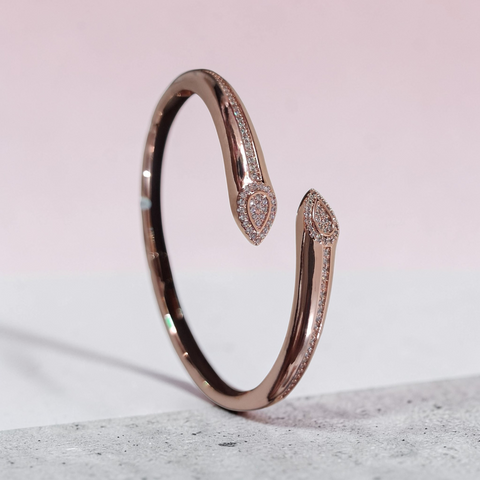 Rose Gold Serpent-Style Open Bypass Bangle with Diamond Accents