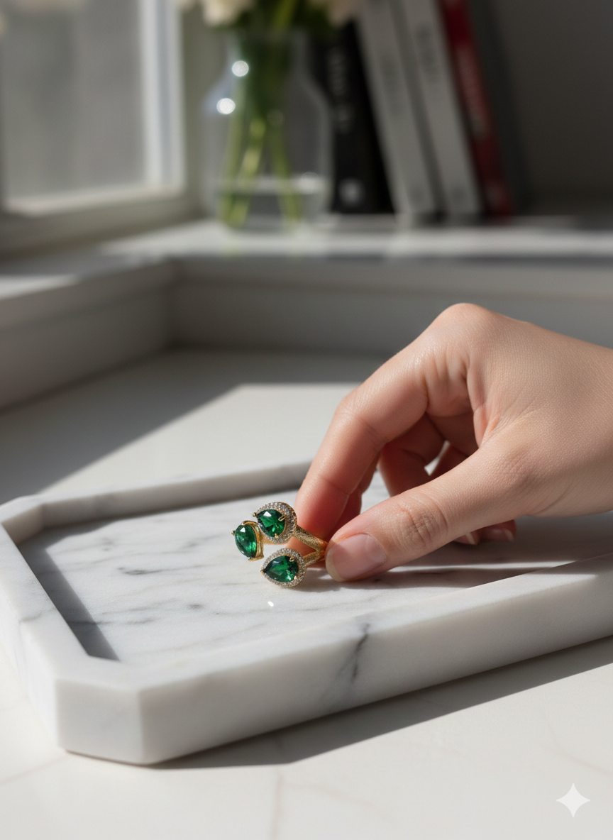 Emerald Green Pear-Cut Triple Stone Gold-Plated Statement Ring