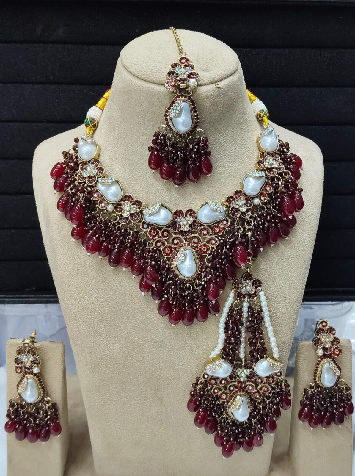 Royal Wine Kundan Pearl Bridal Necklace Set with Maang Tikka