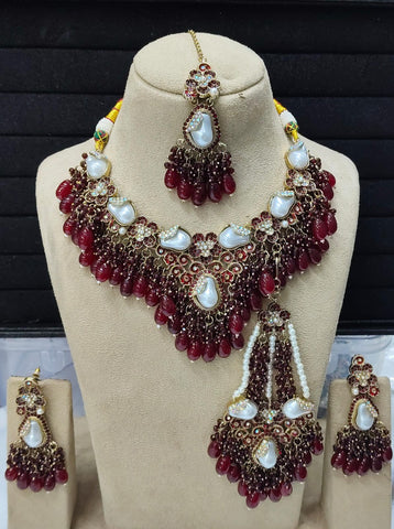 Royal Wine Kundan Pearl Bridal Necklace Set with Maang Tikka