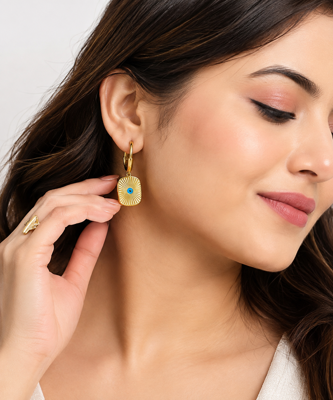 Blue Evil Eye Sunburst Gold Hoop Earrings