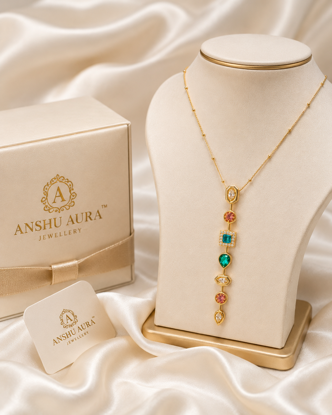 Multi-Color Gemstone Vertical Drop Pendant Necklace