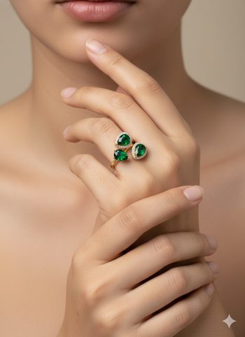 Emerald Green Pear-Cut Triple Stone Gold-Plated Statement Ring