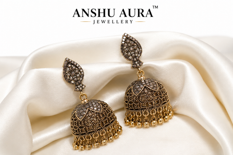 Vintage Oxidised Stone Jhumka Earrings
