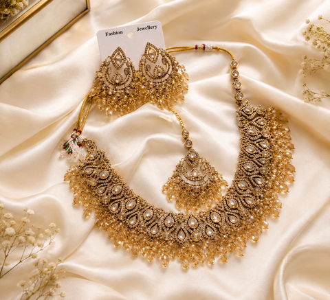 Royal Kundan Bridal Necklace Set with Matching Earrings & Maang Tikka | Gold Finish | Wedding & Festive Jewellery