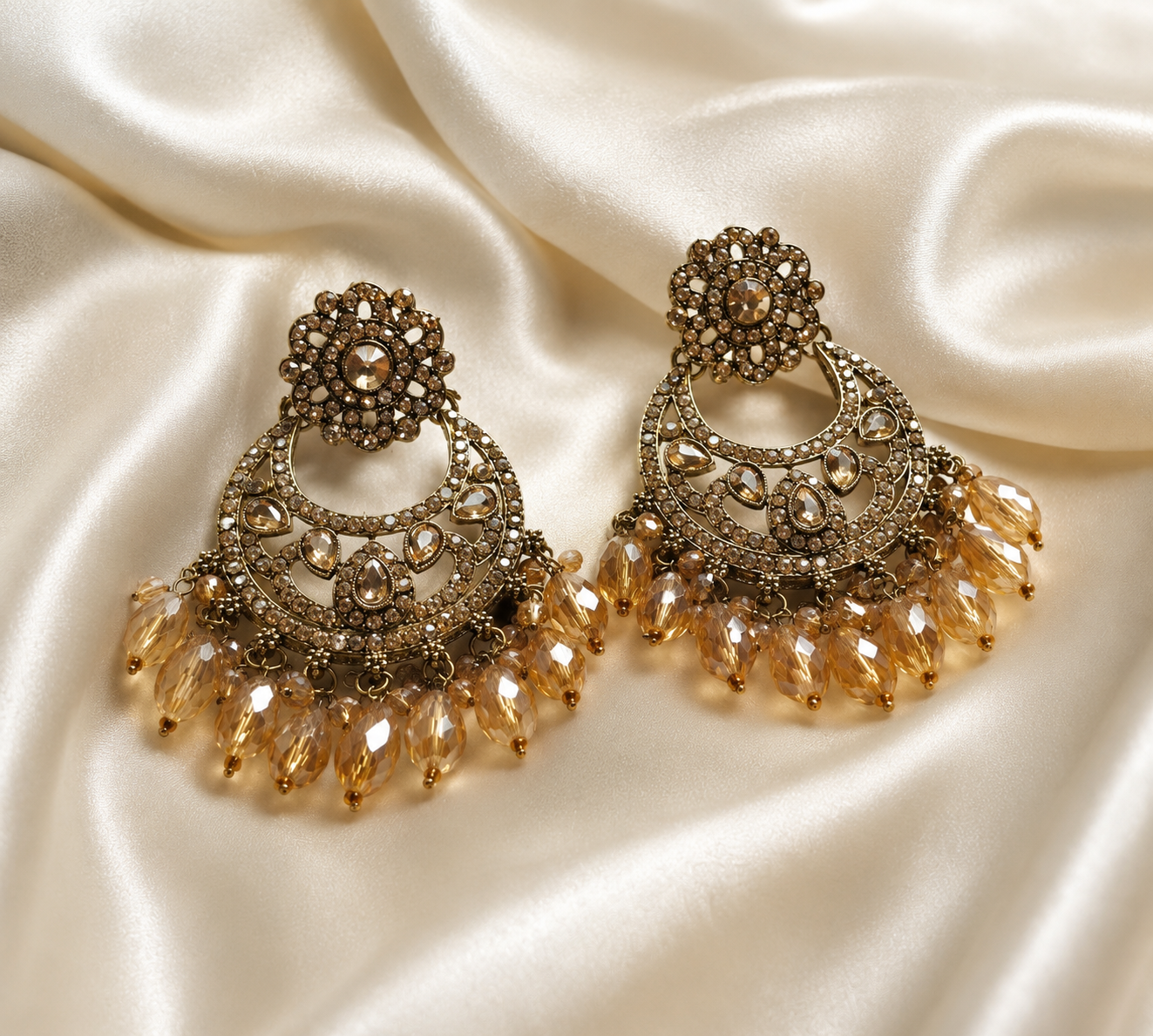 Vintage Champagne Crystal Chandbali Earrings | Premium Ethnic Statement Earrings for Women