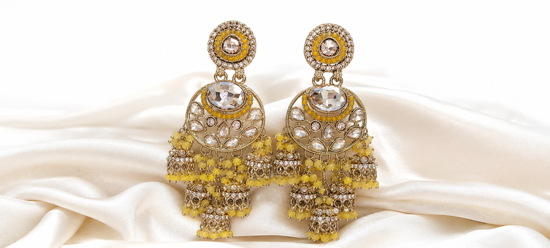 Royal Yellow Stone Chandbali Jhumka Earrings