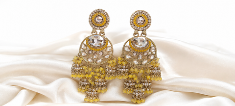 Royal Yellow Stone Chandbali Jhumka Earrings