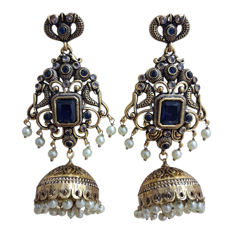 Antique Gold-Plated Peacock Jhumka Earrings with Stones and Pearl Droplets