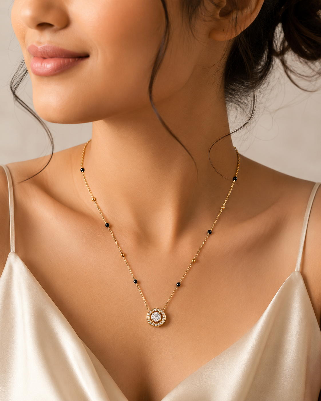 Black Beaded Halo Pendant Necklace