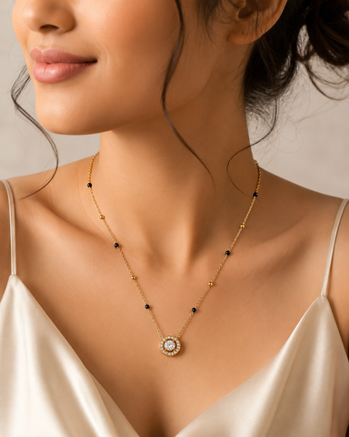 Black Beaded Halo Pendant Necklace