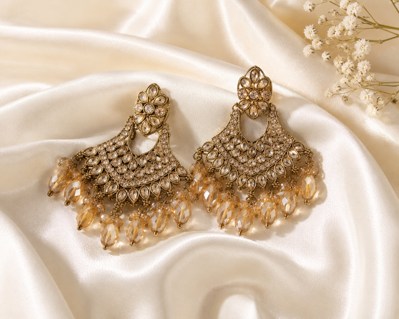 Champagne Crystal Chandbali Earrings – Premium Ethnic Party & Wedding Earrings