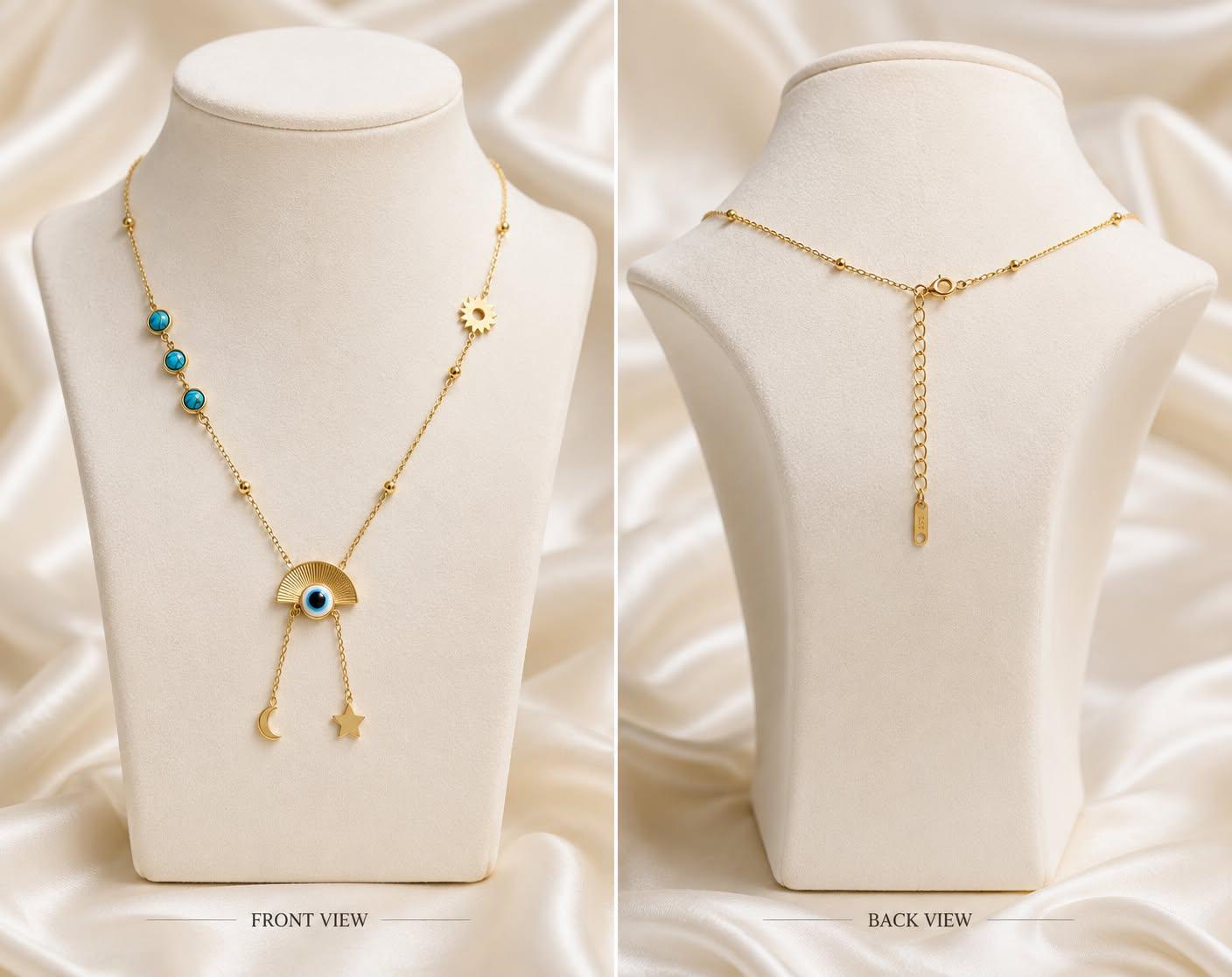 Gold Evil Eye Pendant Necklace with Turquoise Stones