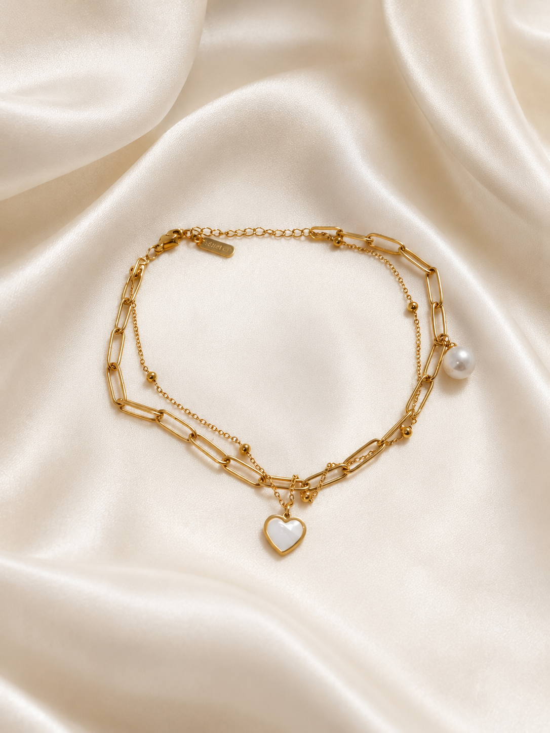 Heart Charm Layered Gold-Plated Anklet with Pearl | Anti-Tarnish Stainless Steel | Waterproof
