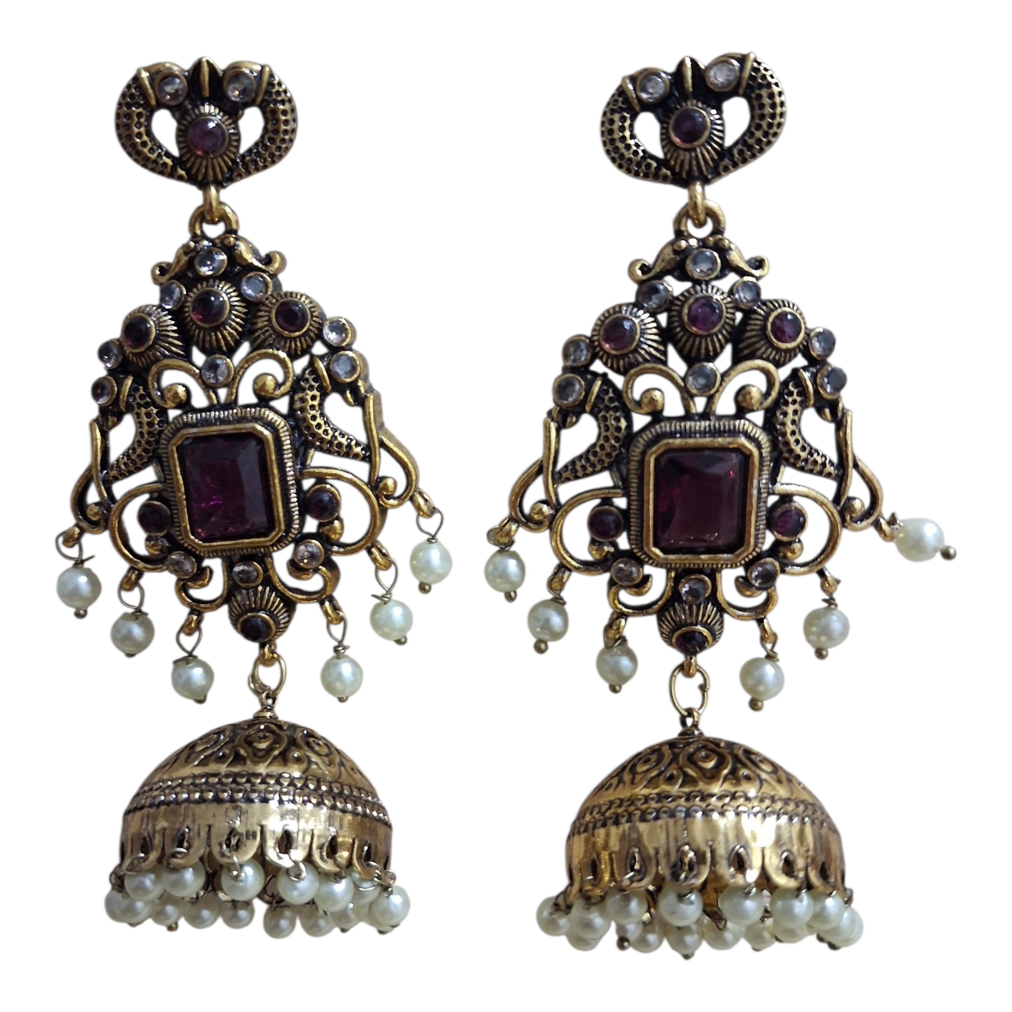 Antique Gold-Plated Peacock Jhumka Earrings with Stones and Pearl Droplets