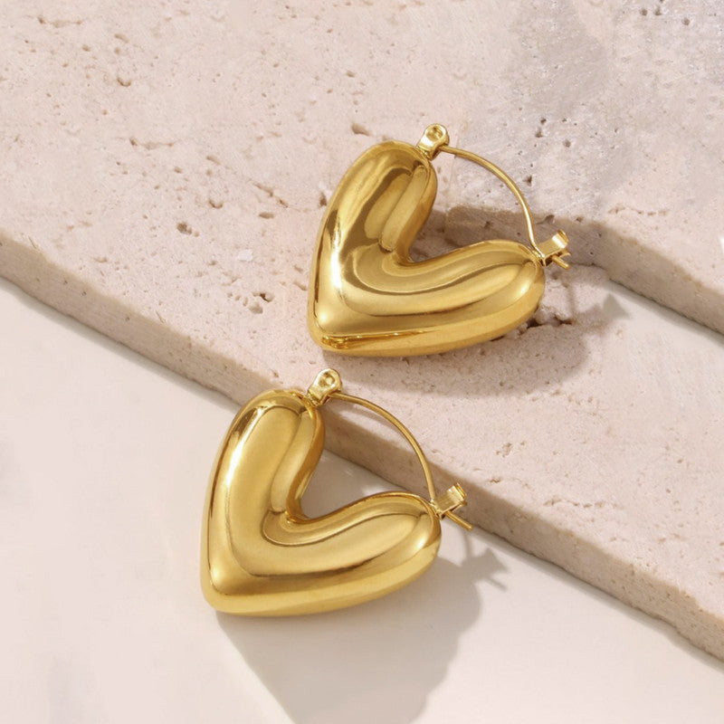 Gold Puffy Heart Hoop Earrings - Anti-Tarnish Bold Love Hoops