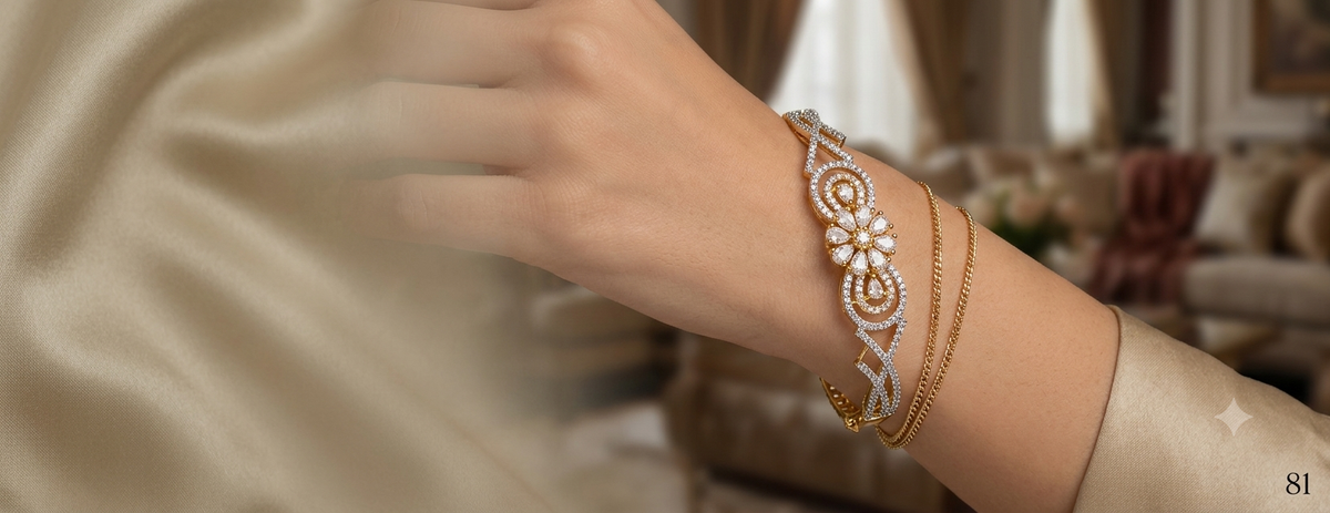 Floral Diamond Harmony Bangle - Elegance in Gold & Stone