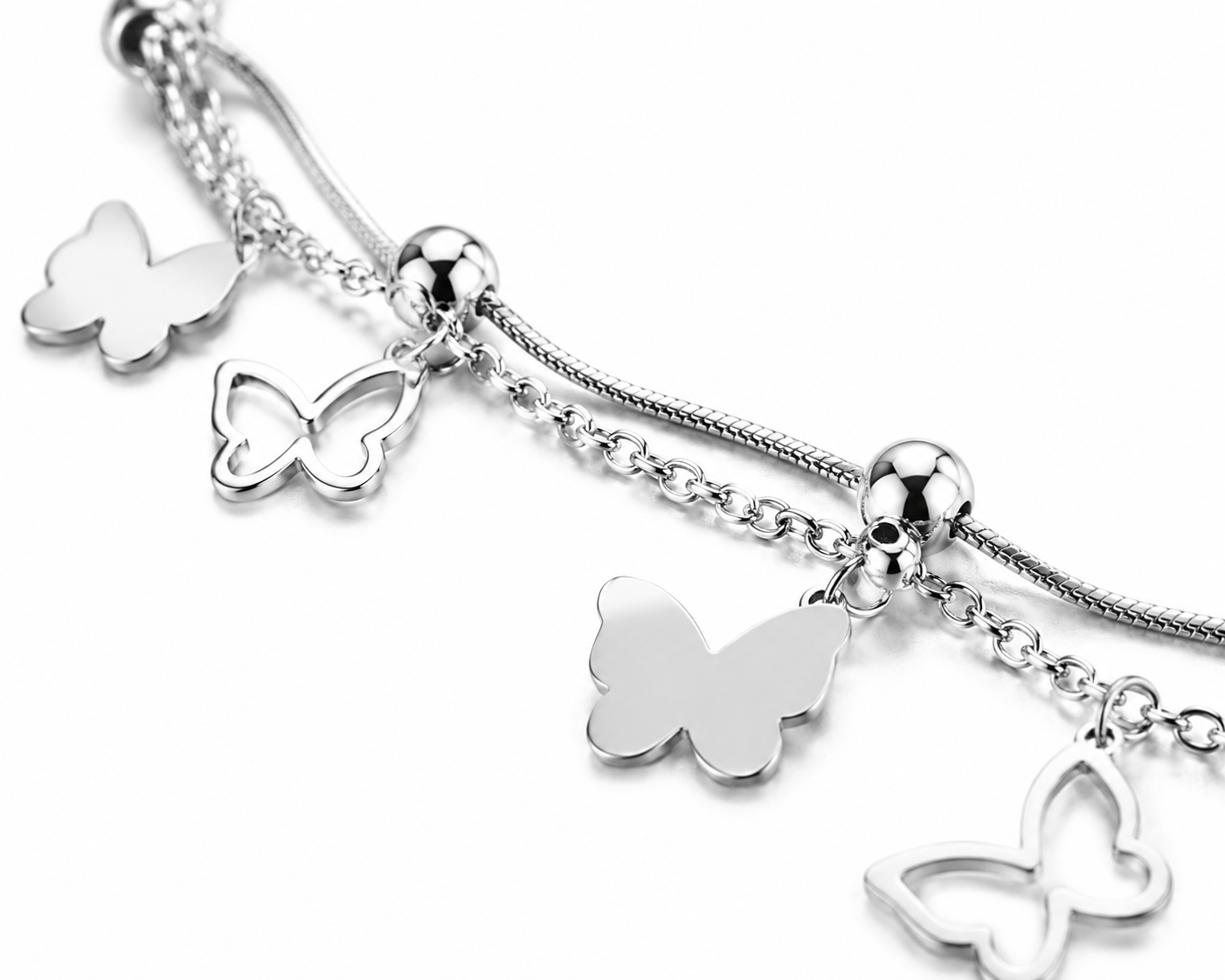 Butterfly Charm Silver Anklet – Elegant Layered Design