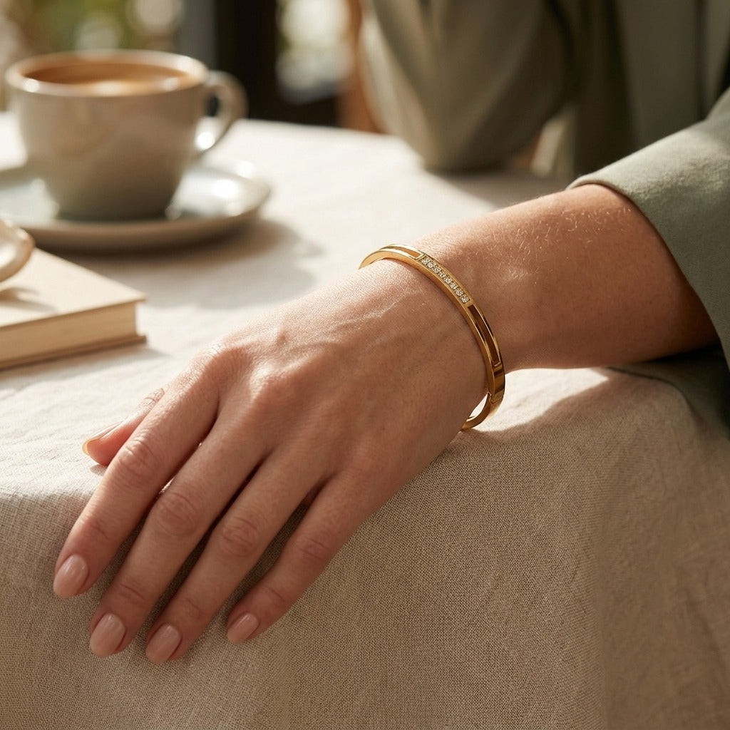 Gold Finish Crystal Open Cuff