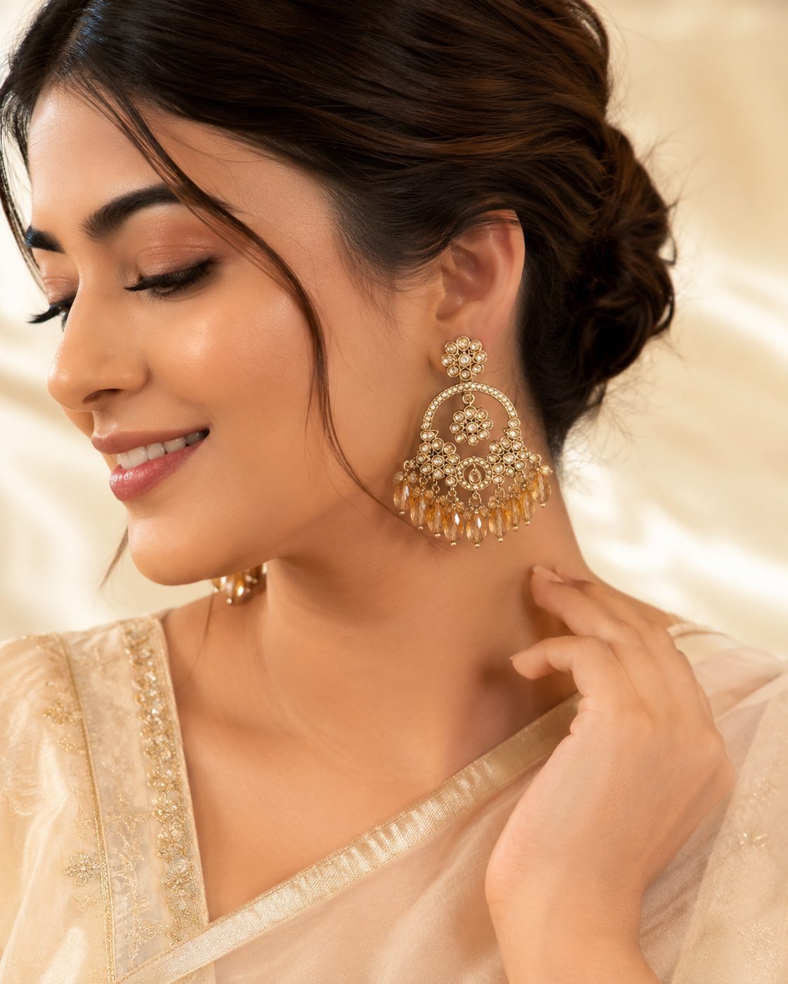 Champagne Crystal Chandbali Earrings – Premium Gold Finish Ethnic Party Wear Earrings