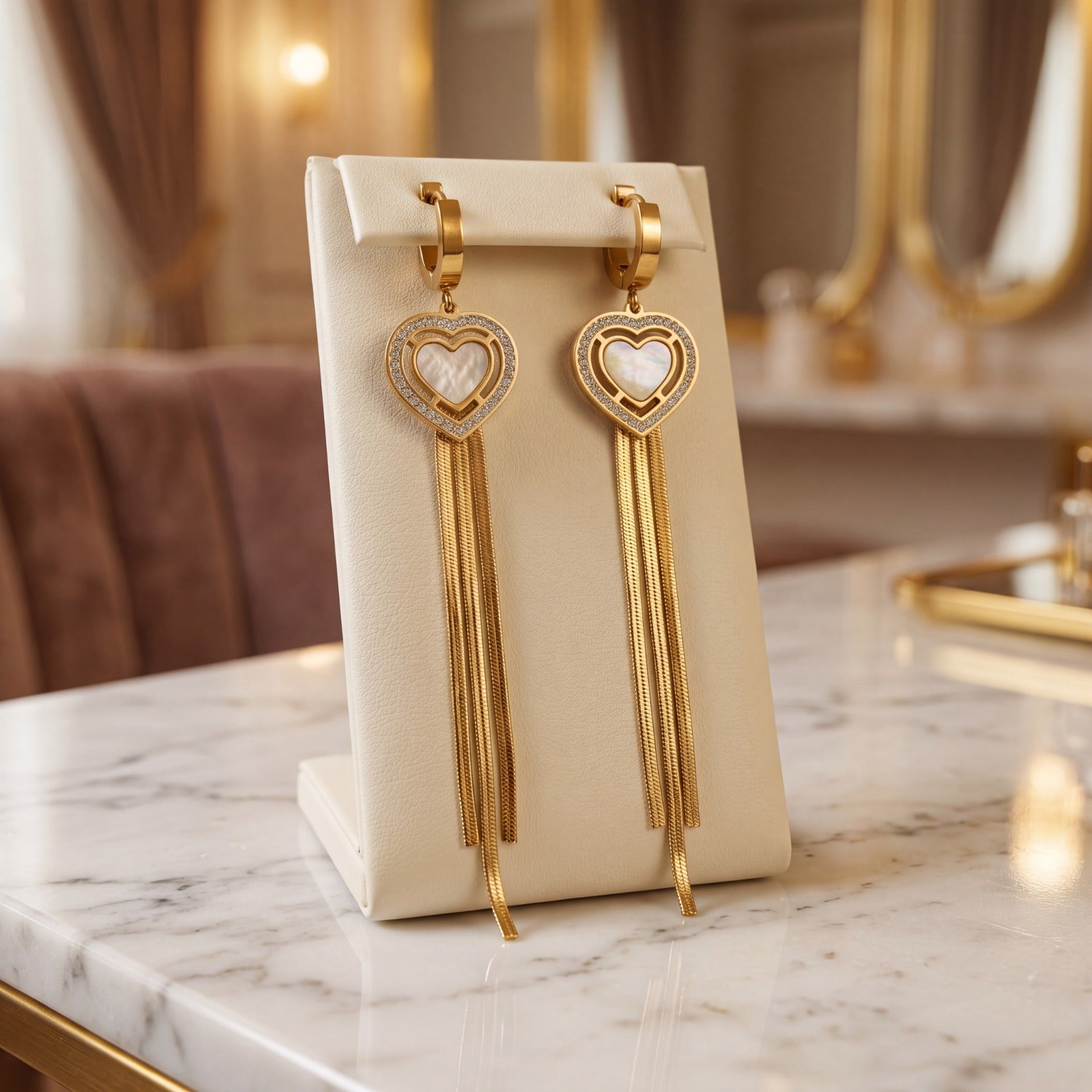 Golden Heart Shell Drop Earrings with Sleek Tassels