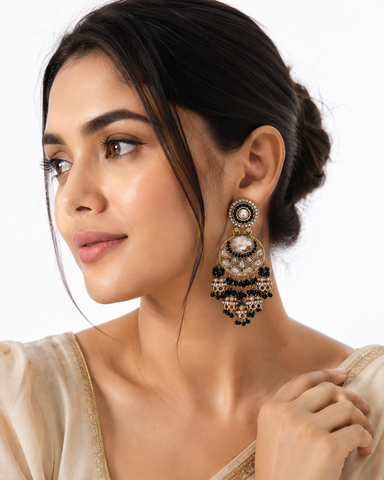 Royal Black & Gold Kundan Jhumka Earrings
