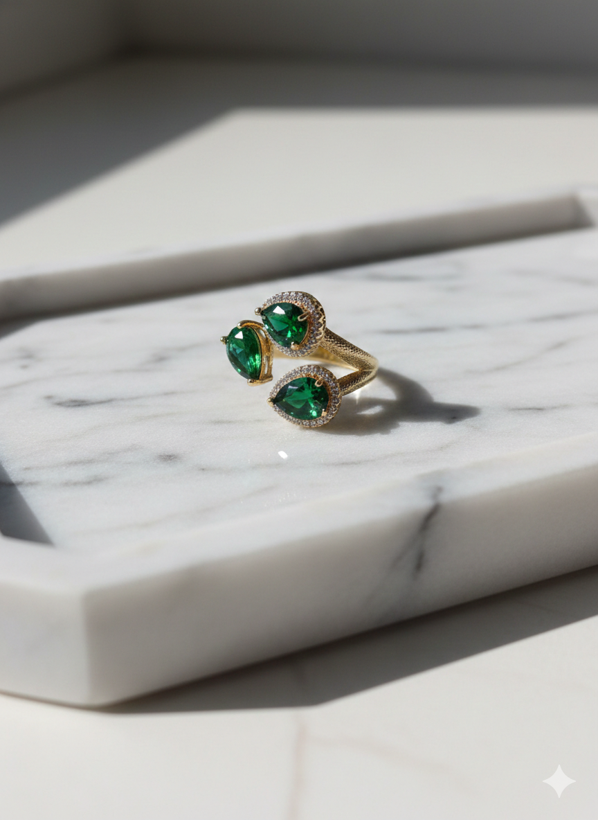 Emerald Green Pear-Cut Triple Stone Gold-Plated Statement Ring