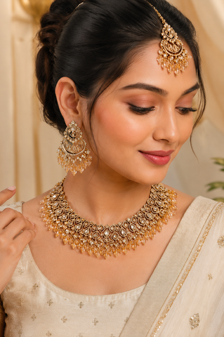 Royal Kundan Bridal Necklace Set with Matching Earrings & Maang Tikka | Gold Finish | Wedding & Festive Jewellery